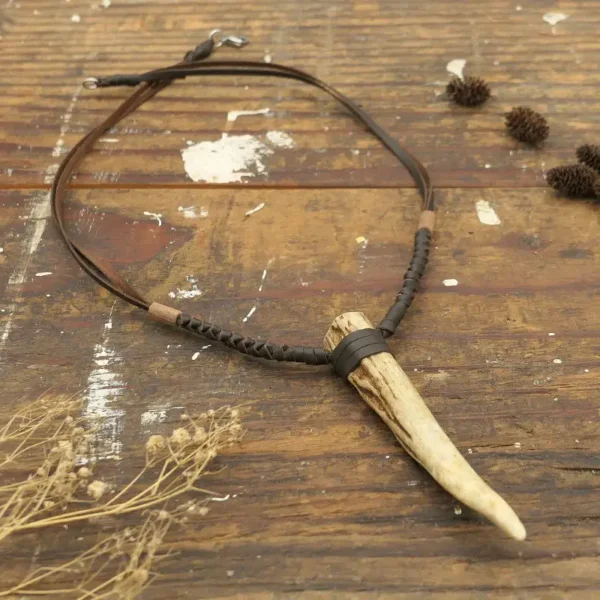 Leather Wrapped Antler Tip Necklace Pendant