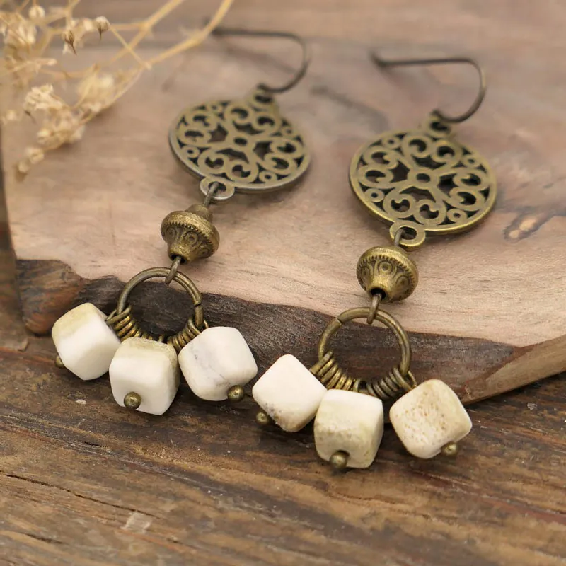Antler Cube Filigree Disk Earrings