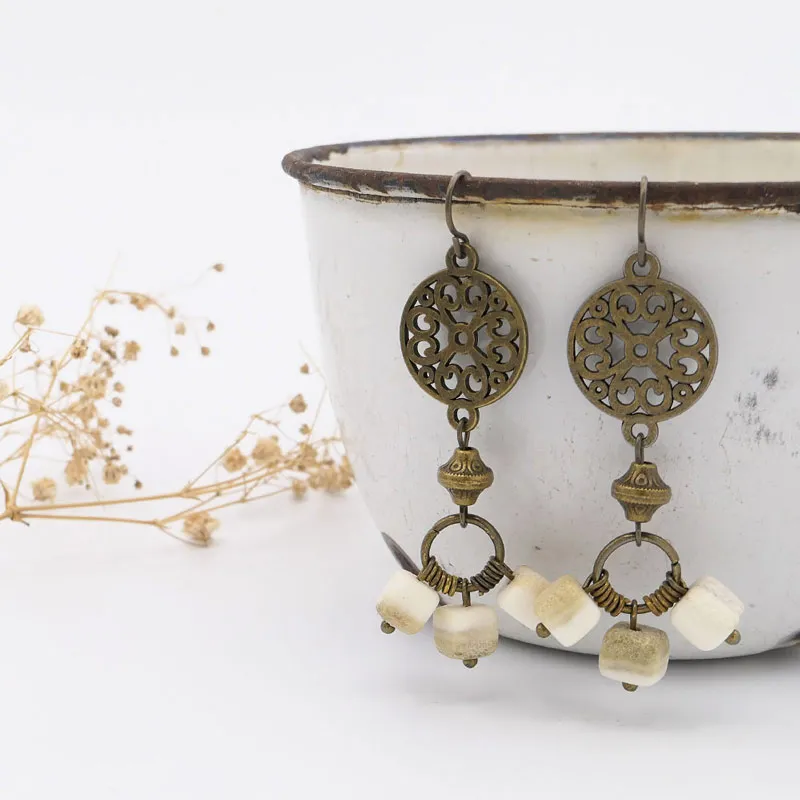 Antler Cube Filigree Disk Earrings