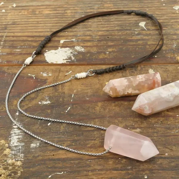 crystal long necklace, rose quartz or flower agate