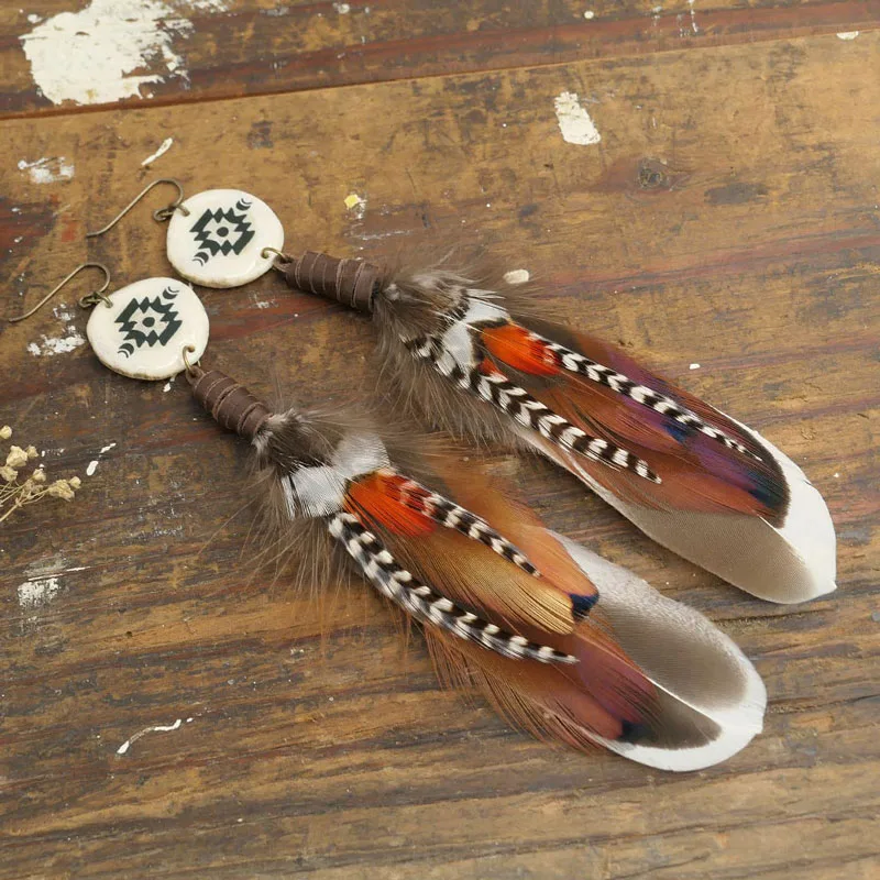 Feather Aztec Antler Charm Earrings