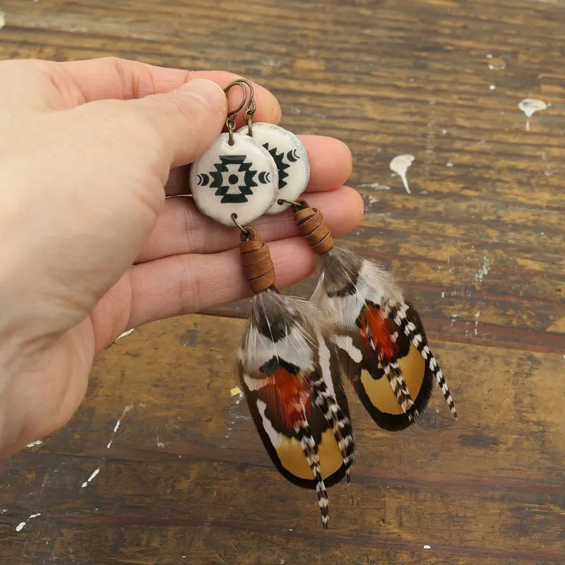 Feather Aztec Antler Charm Earrings