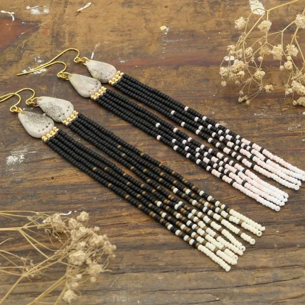 Beaded Black Fringe Long Earrings