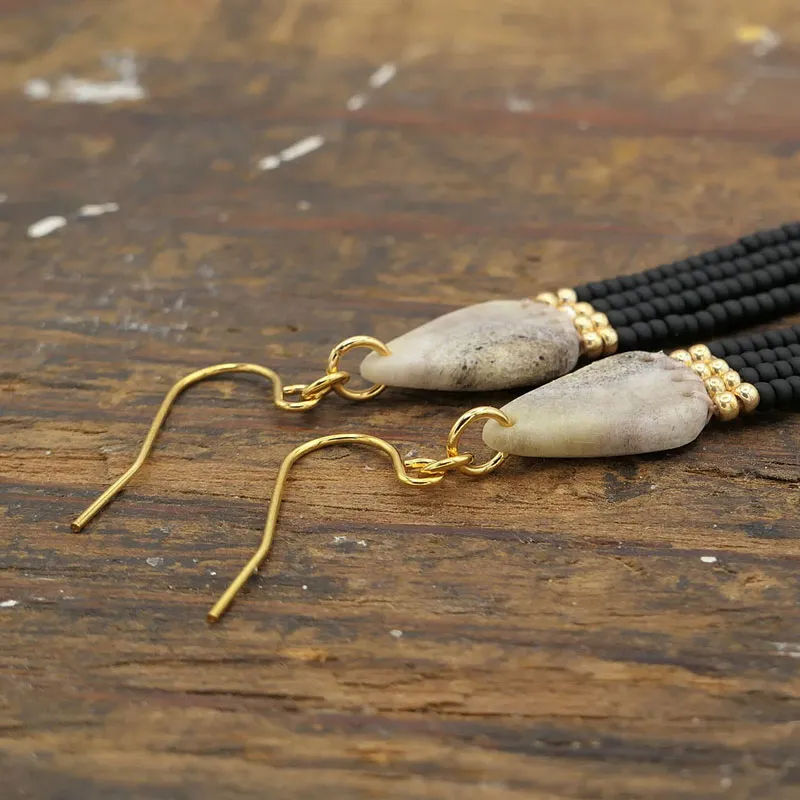 Beaded Black Fringe Long Earrings