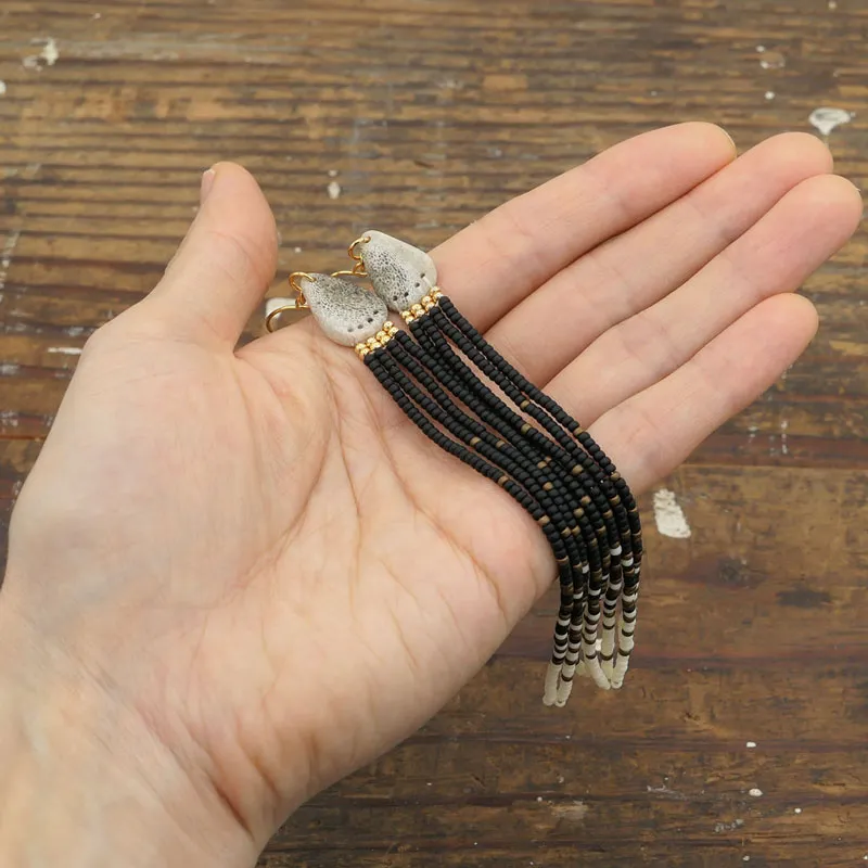 Beaded Black Fringe Long Earrings