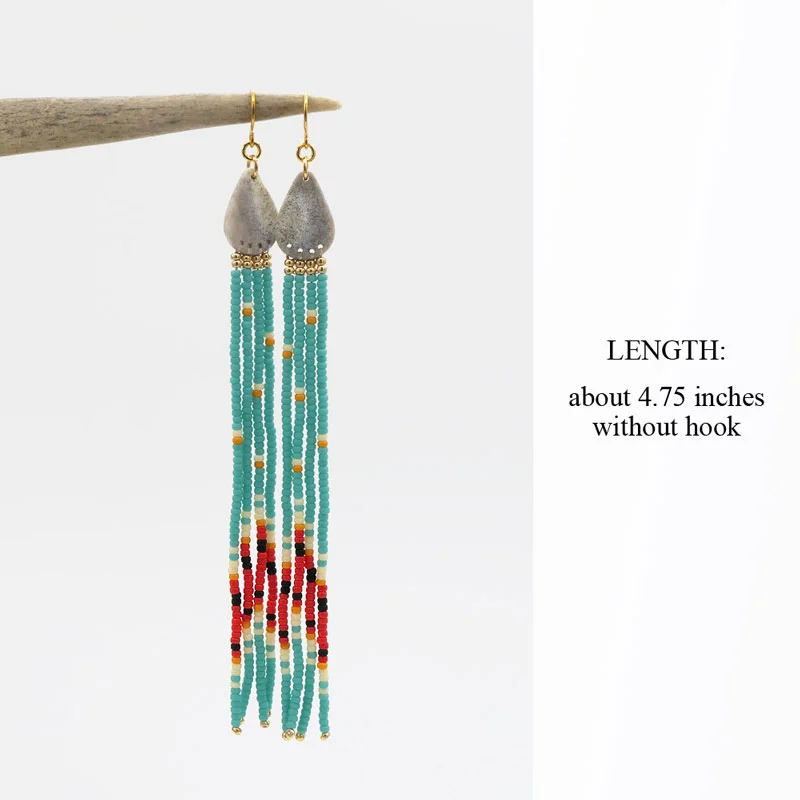 Beaded Long Fringe Antler Earrings