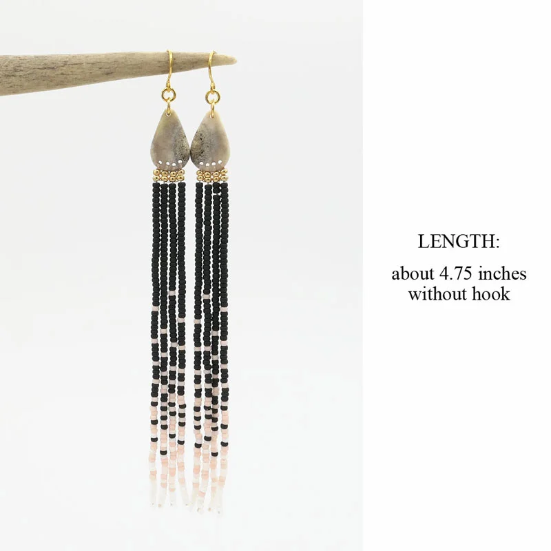 Beaded Black Fringe Long Earrings