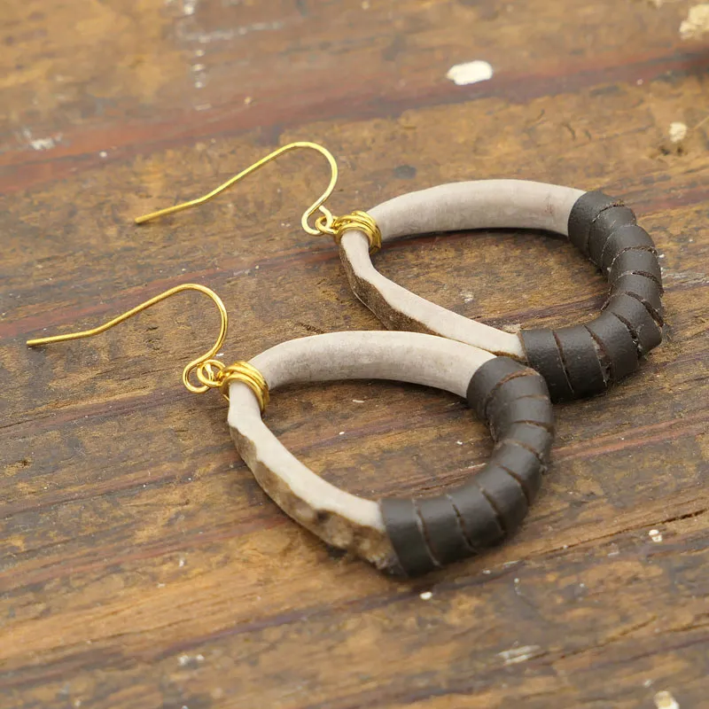 Antler Oval Hoops Leather Earring