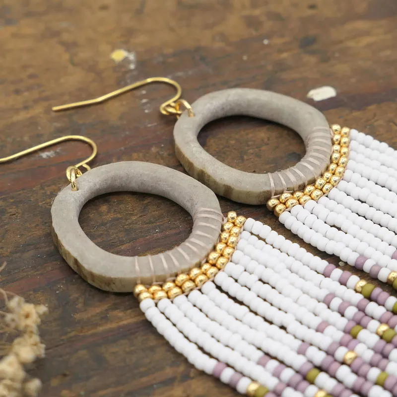 Fringe Hoop Beaded Earrings Purple