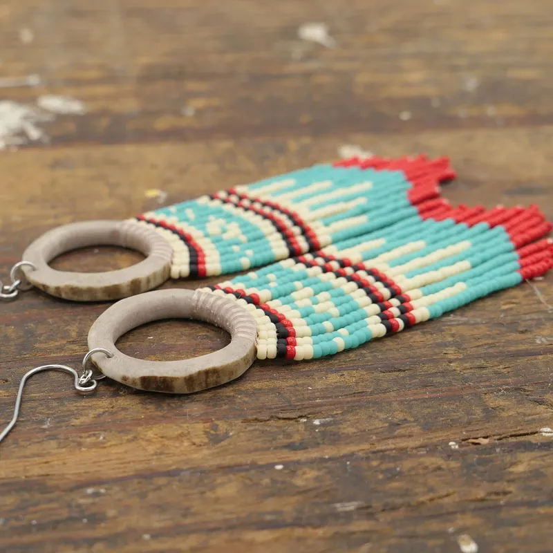 Hoop Seed Bead Fringe Earrings