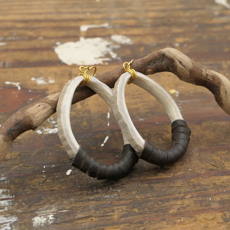 Antler Oval Hoops Leather Earring