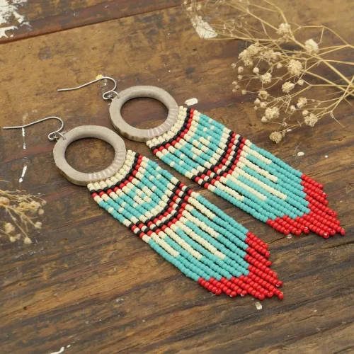 Hoop Bead Fringe Earrings, Long Seed Beaded, Boho Beadwork Handmade with Antler