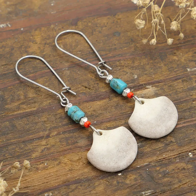 real antler and blue turquoise dangle long earrings boho western style